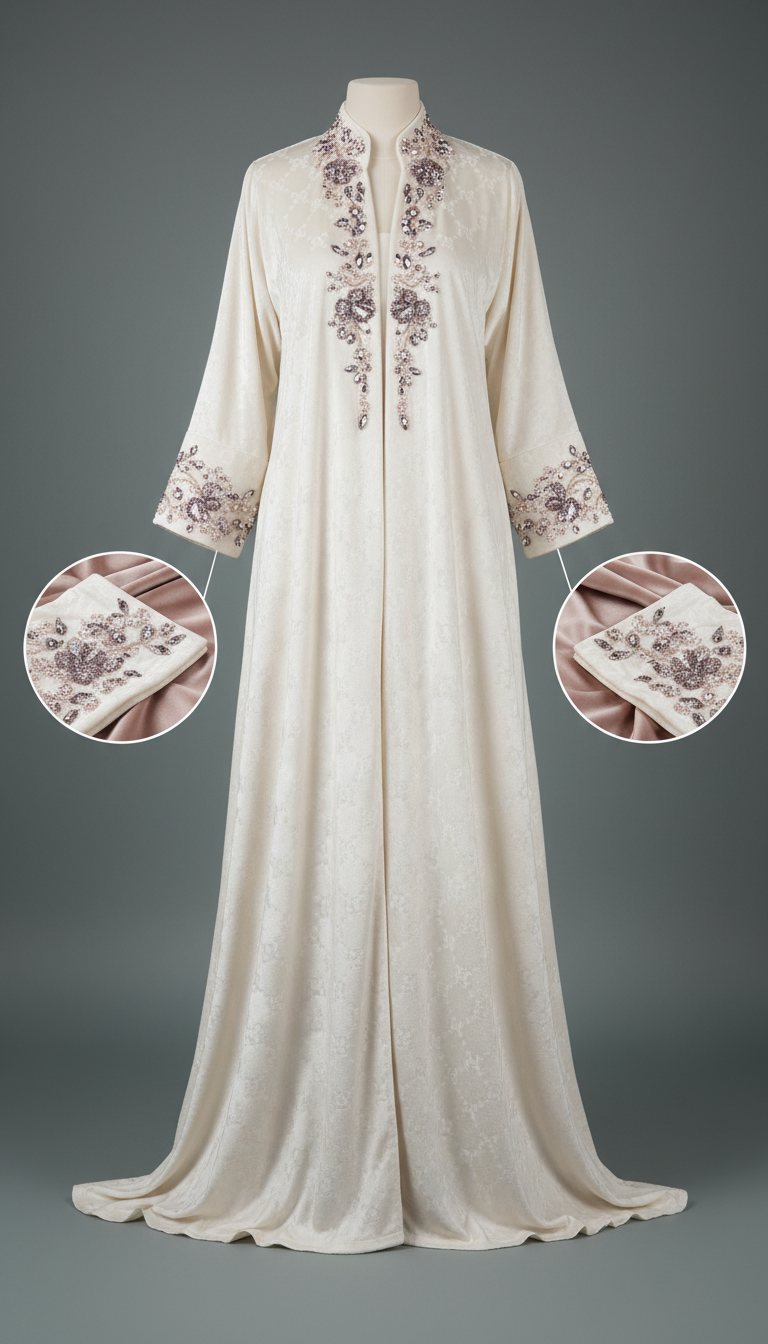 Opaline White Velvet Monogram Abaya