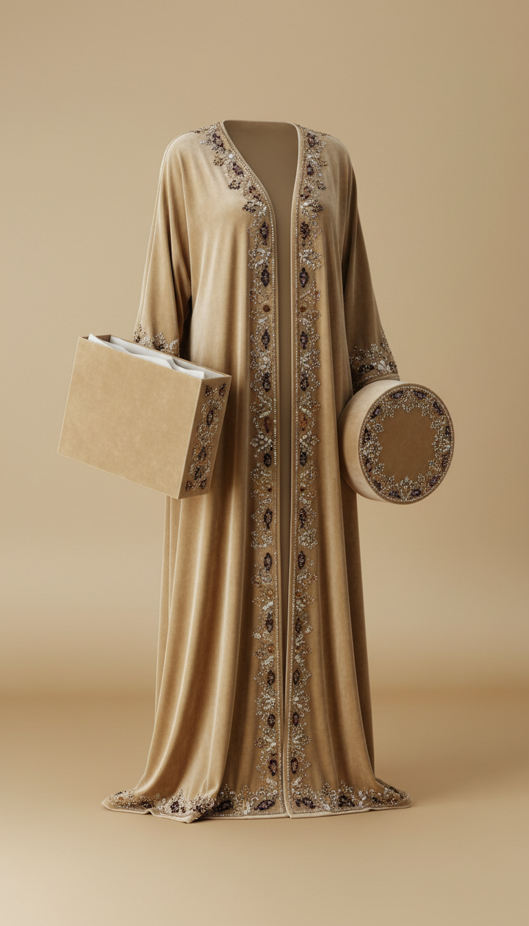 Champagne Gold Velvet Abaya With Crystal Embellishments