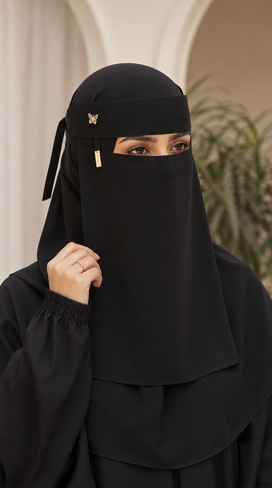 Gold Butterfly Niqab – Luxury Black Face Veil with Gold Charm