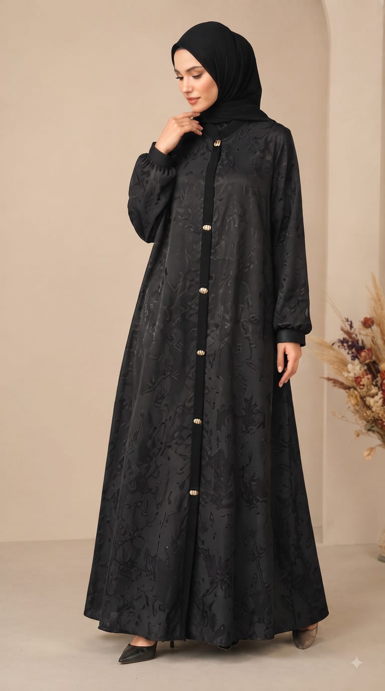 Black Floral Jacquard Front Open Abaya