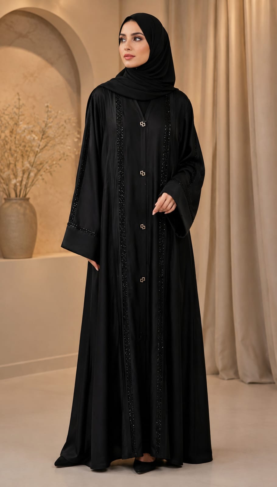 Handwork Front Open Dubai Fabric Abaya with Hijab