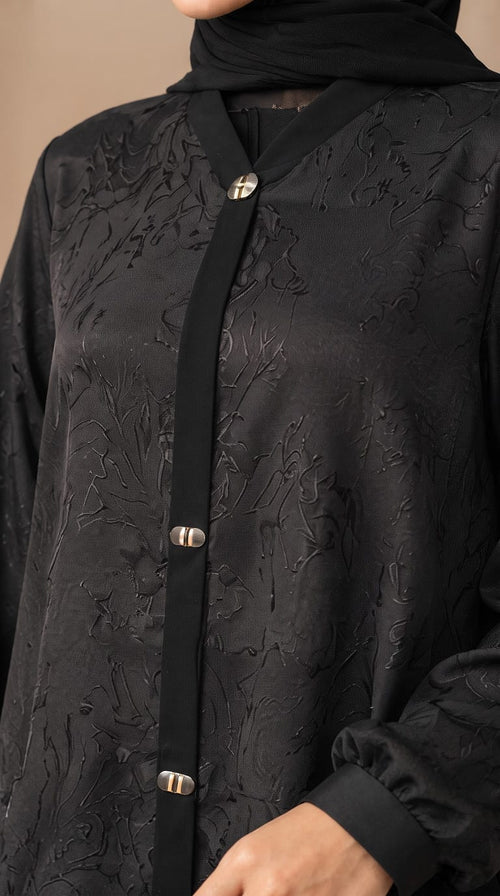 Black Floral Jacquard Front Open Abaya