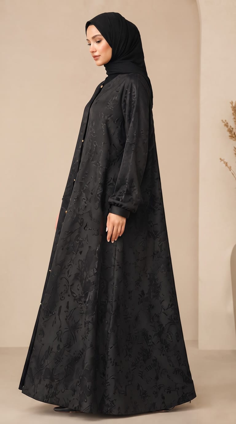 Black Floral Jacquard Front Open Abaya
