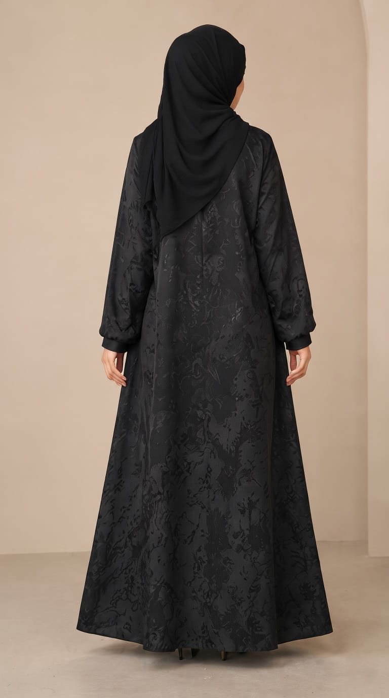 Black Floral Jacquard Front Open Abaya