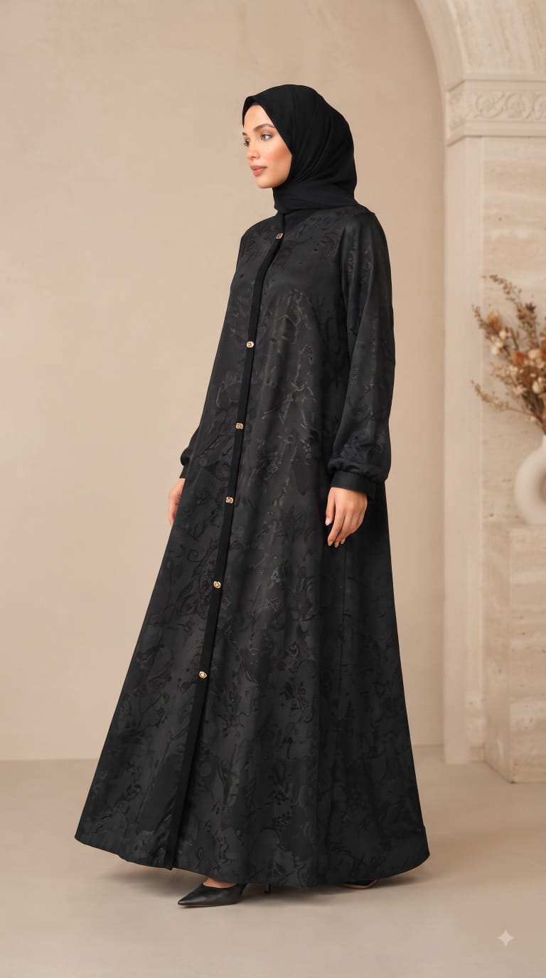 Black Floral Jacquard Front Open Abaya