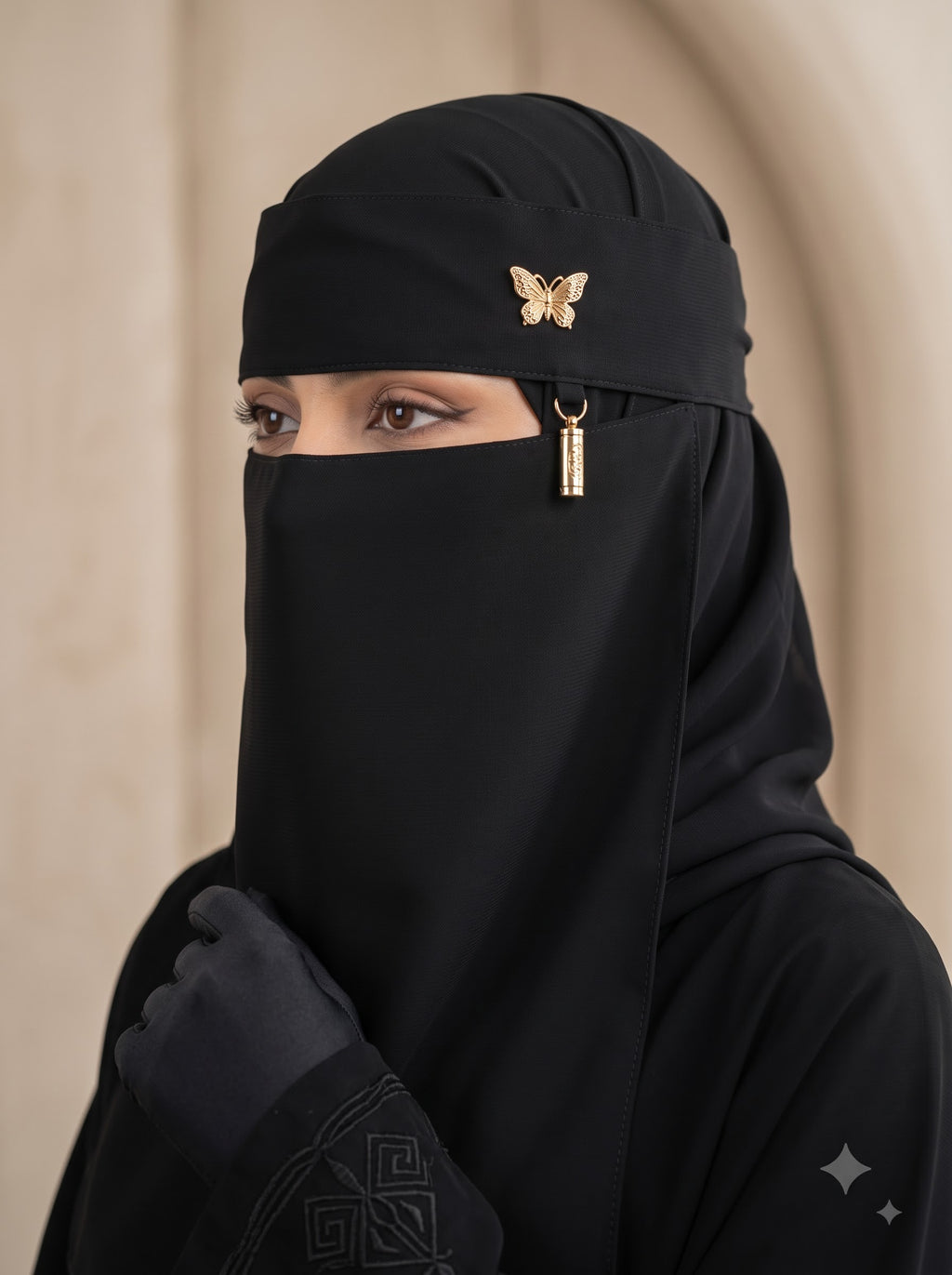 Gold Butterfly Niqab – Luxury Black Face Veil with Gold Charm