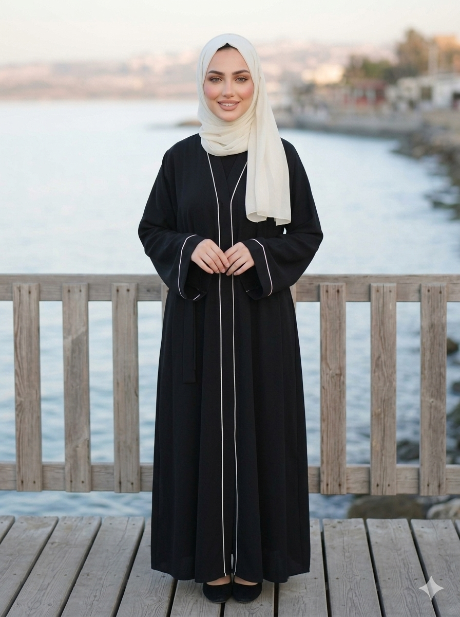 Classic Black Piping Open Abaya