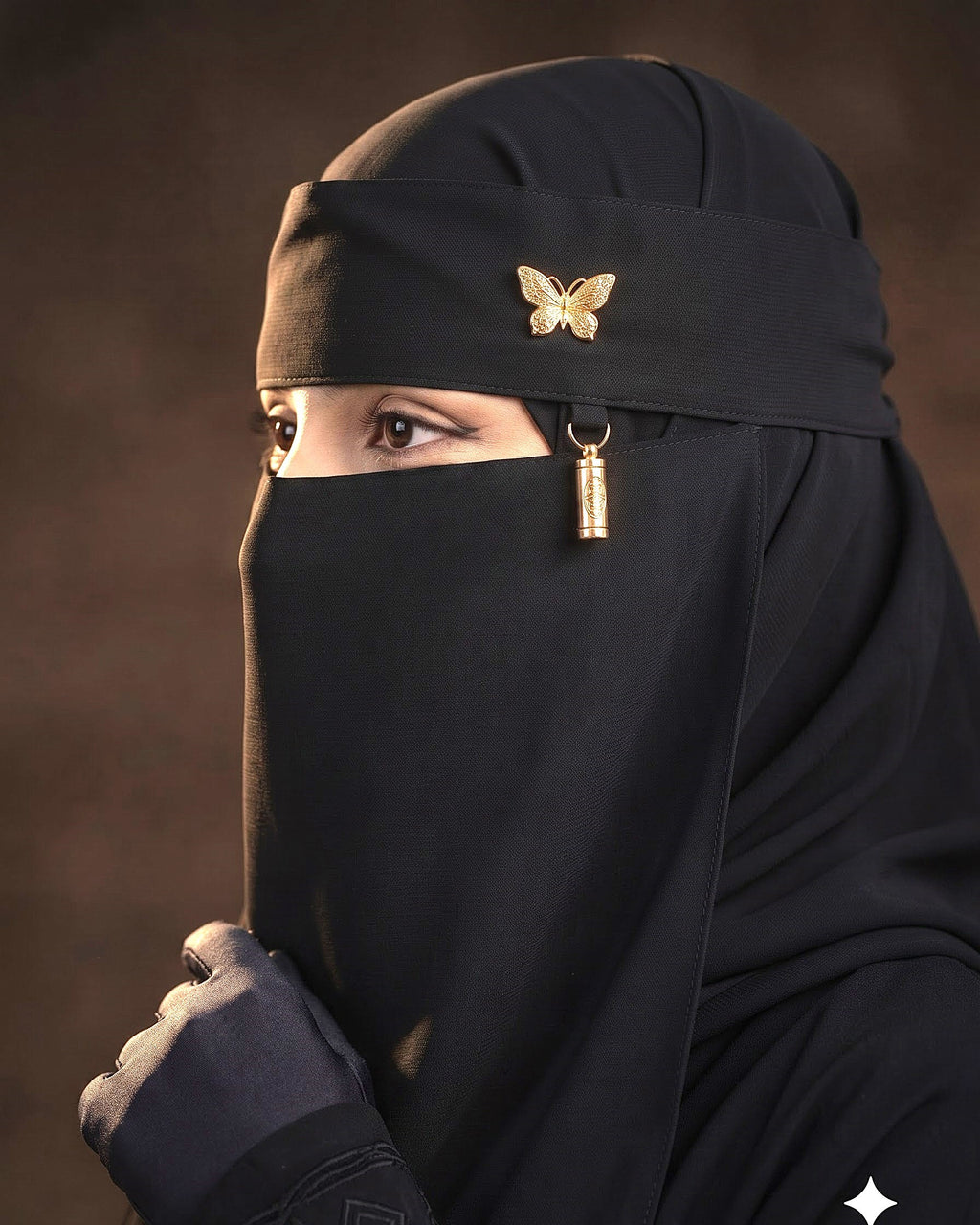 Gold Butterfly Niqab – Luxury Black Face Veil with Gold Charm